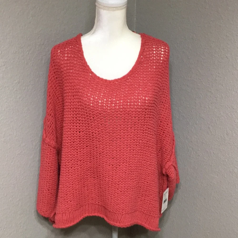 Free People Coral Open-Knit Scoop Neck Sweater